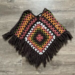 Cactus + Pearl Colorful Crochet Poncho with Fringe NEW